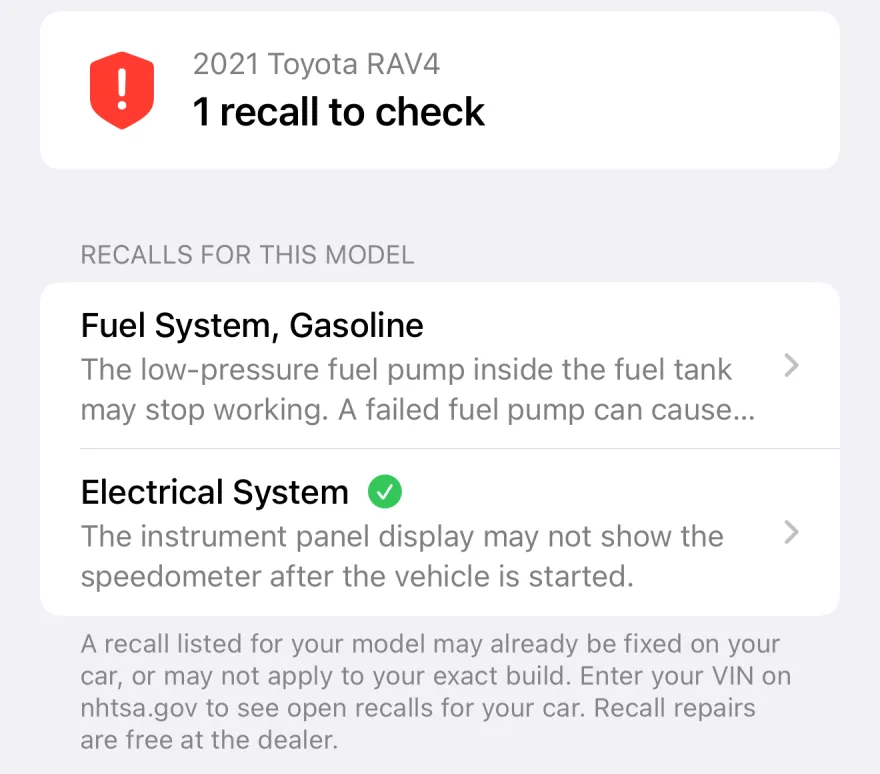Recalls and warning lights