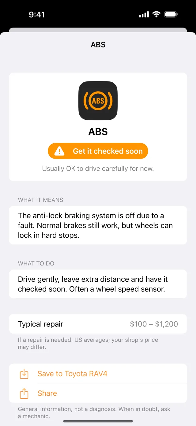 Logbay app showing the abs warning light