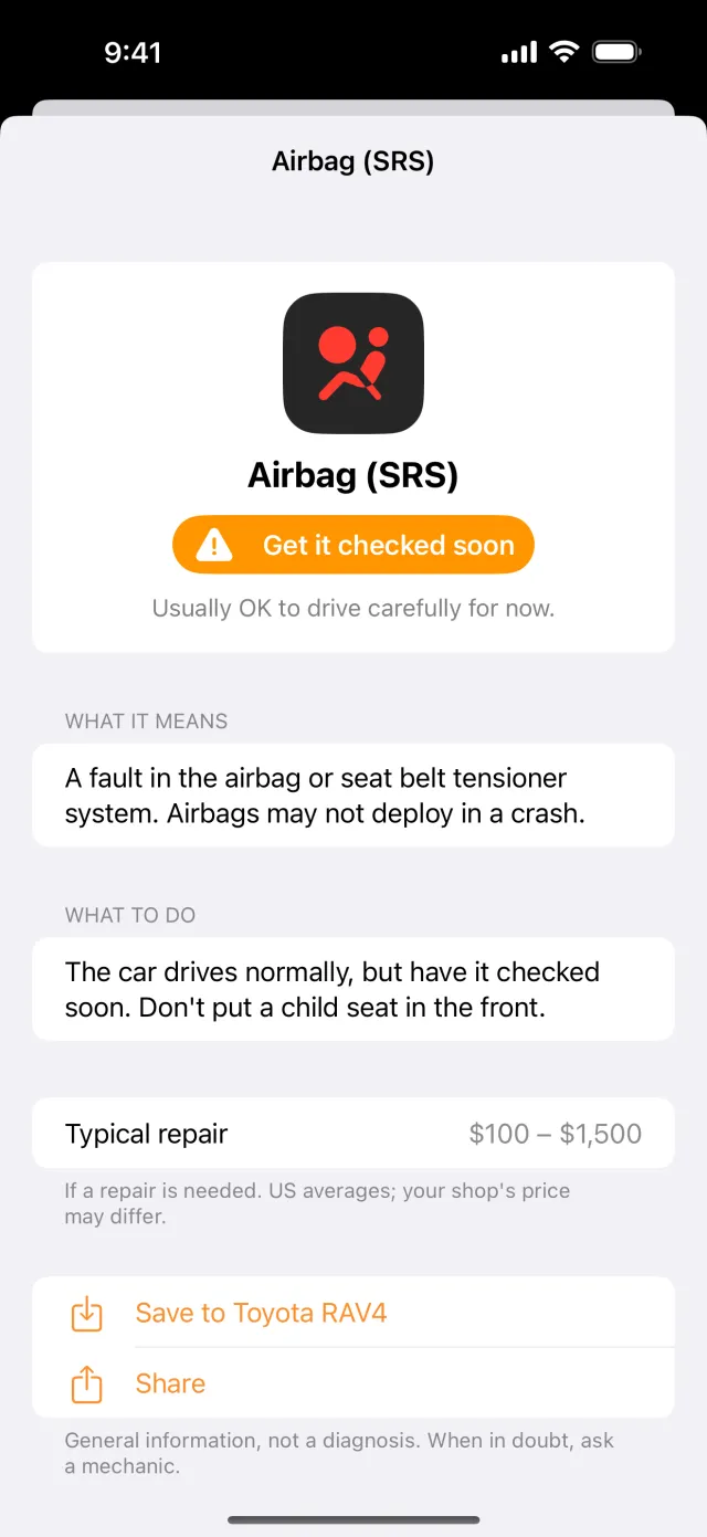 Logbay app showing the airbag (srs) warning light