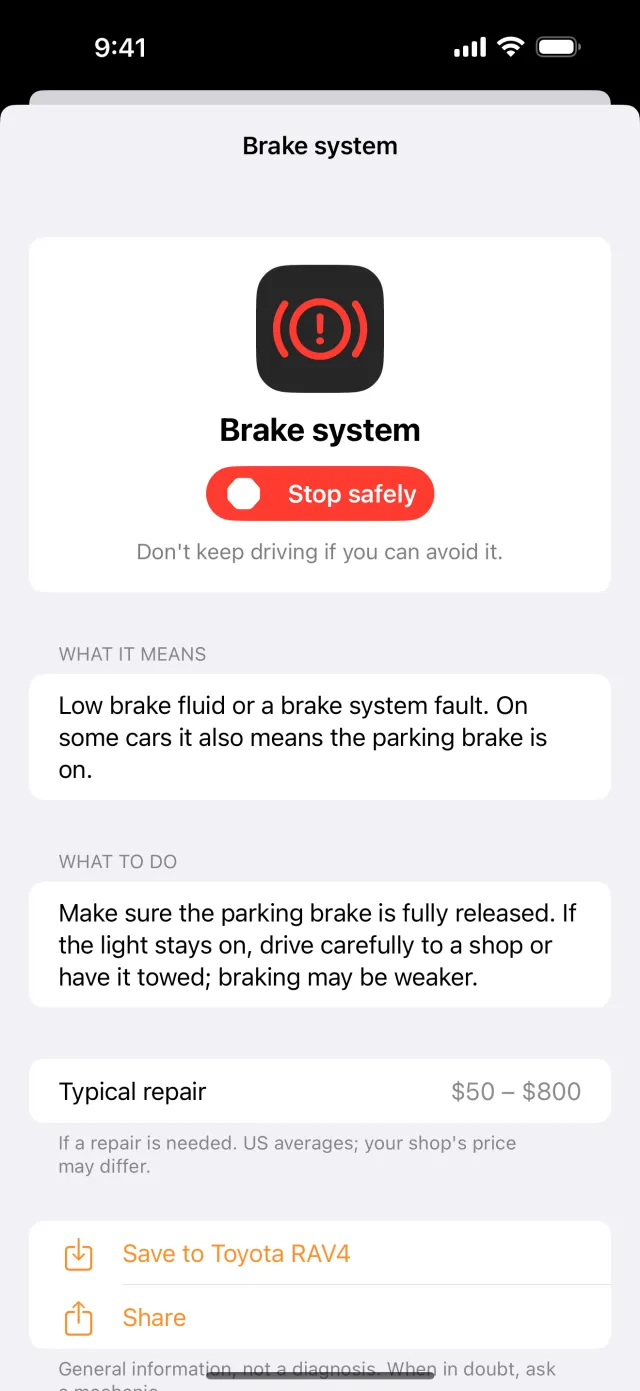 Logbay app showing the brake system warning light