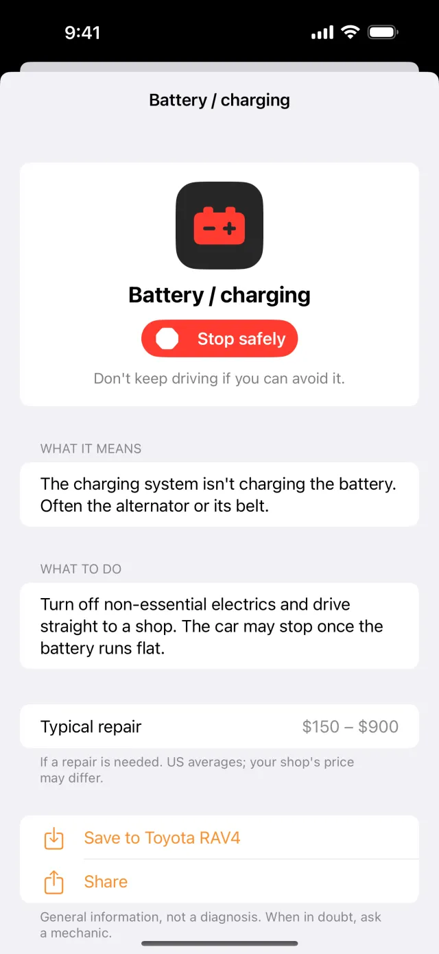 Logbay app showing the battery / charging warning light