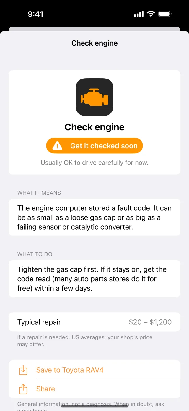 Logbay app showing the check engine warning light