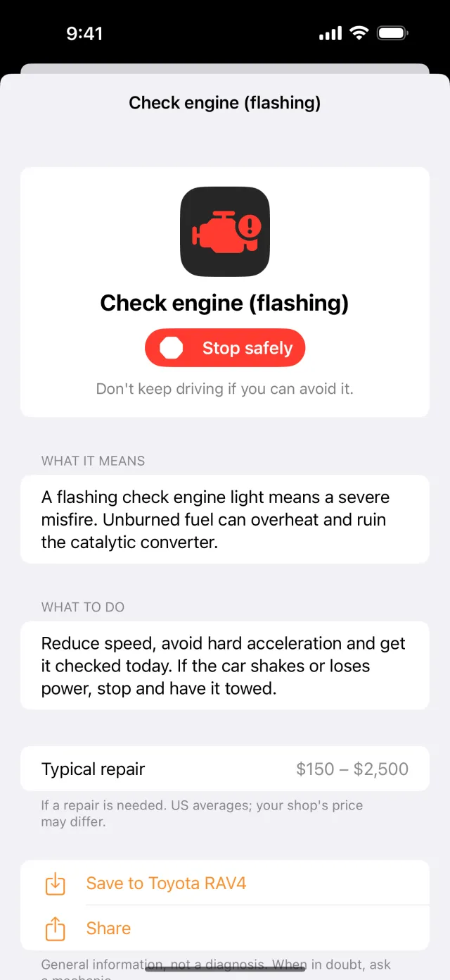 Logbay app showing the check engine (flashing) warning light