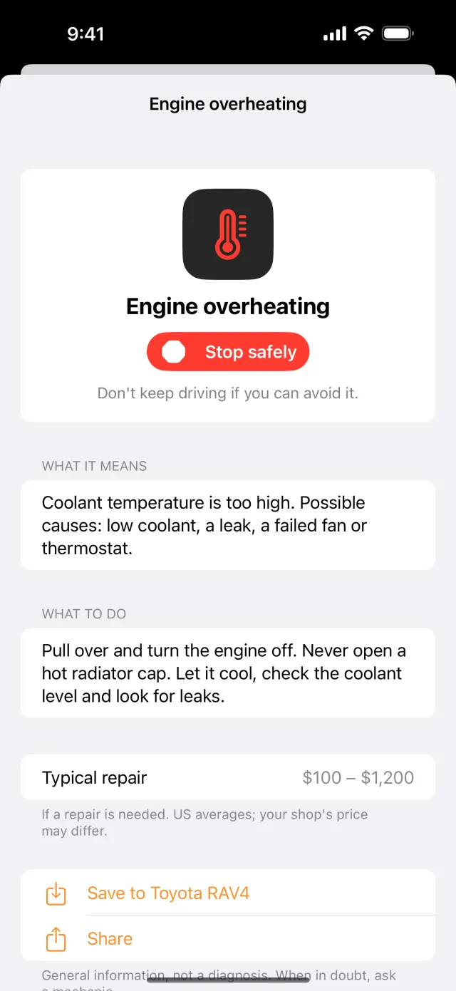 Logbay app showing the engine overheating warning light