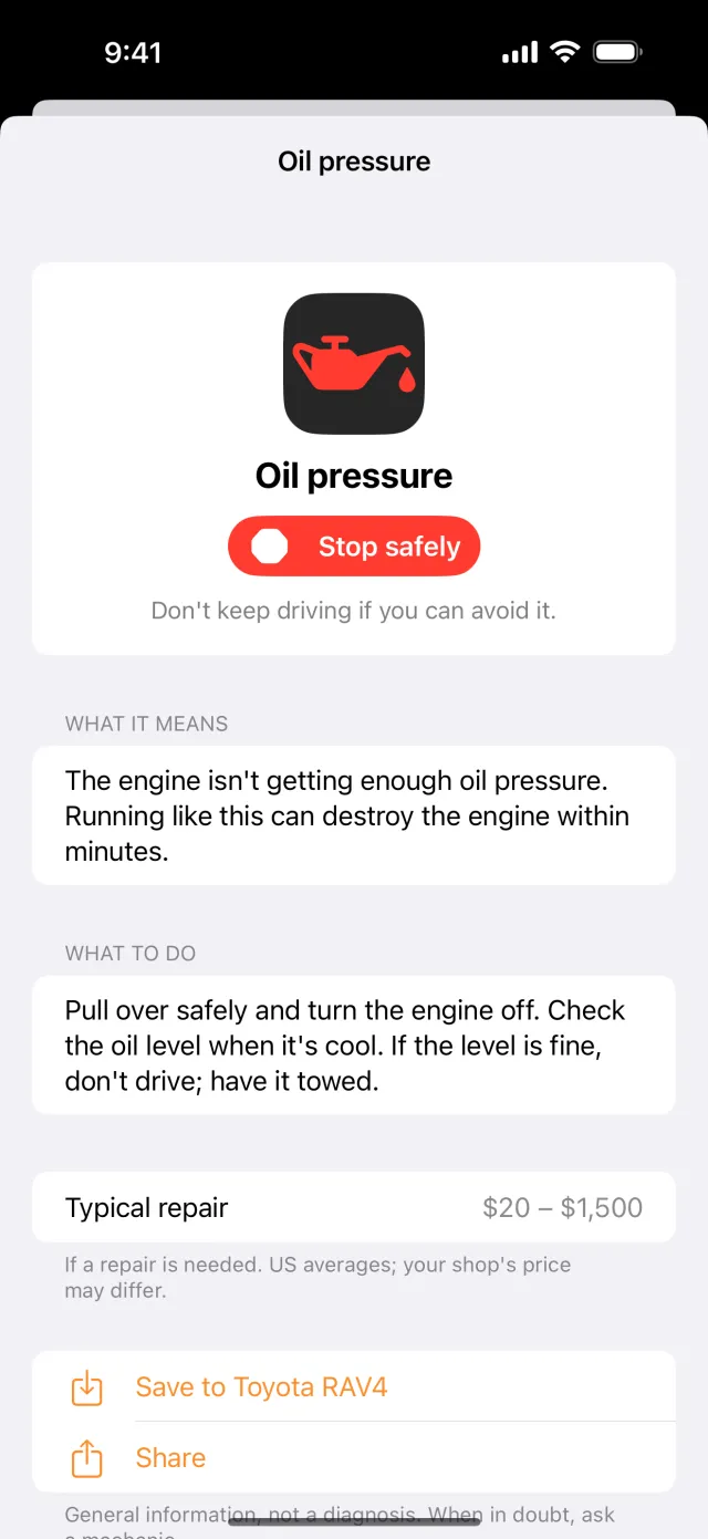 Logbay app showing the oil pressure warning light