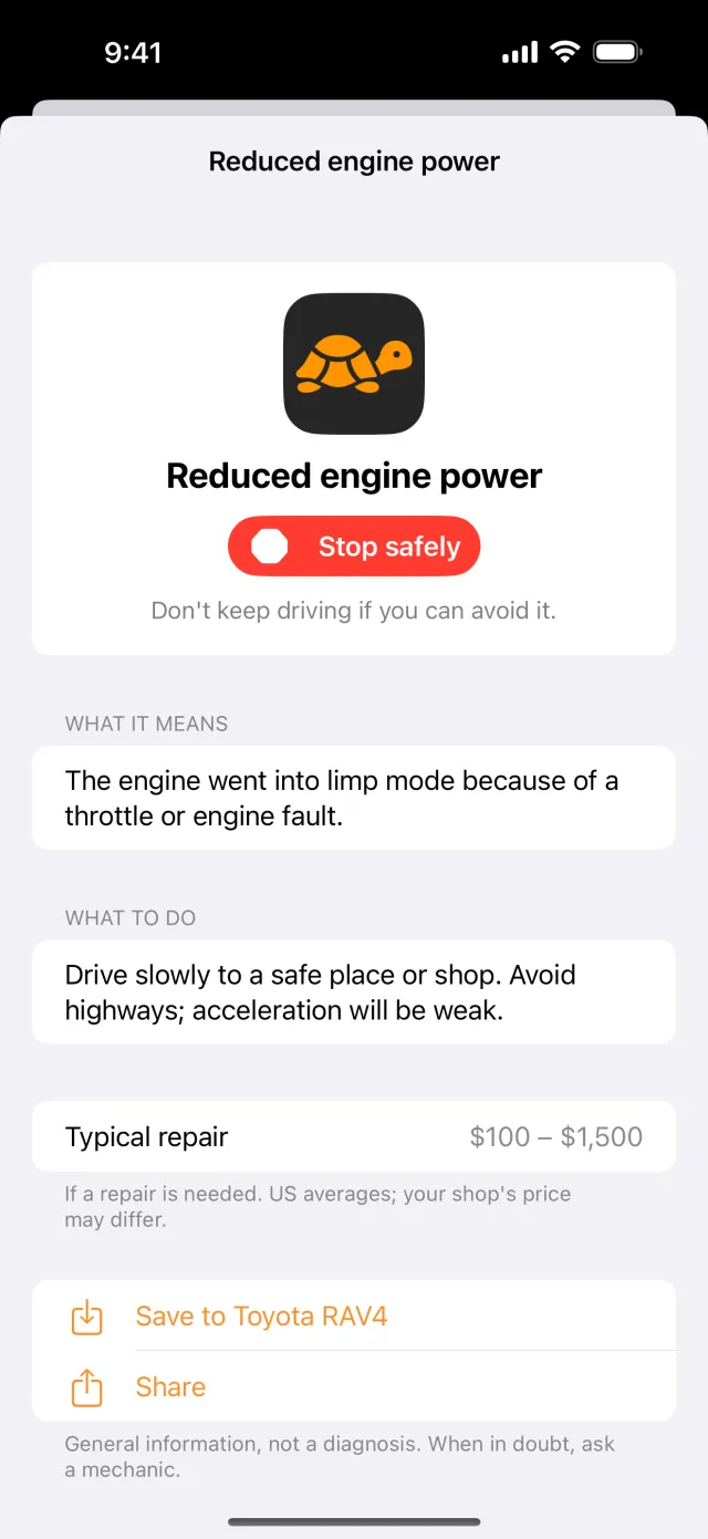 Logbay app showing the reduced engine power warning light