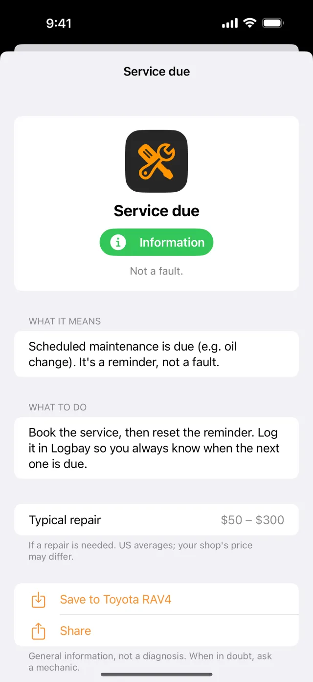 Logbay app showing the service due warning light
