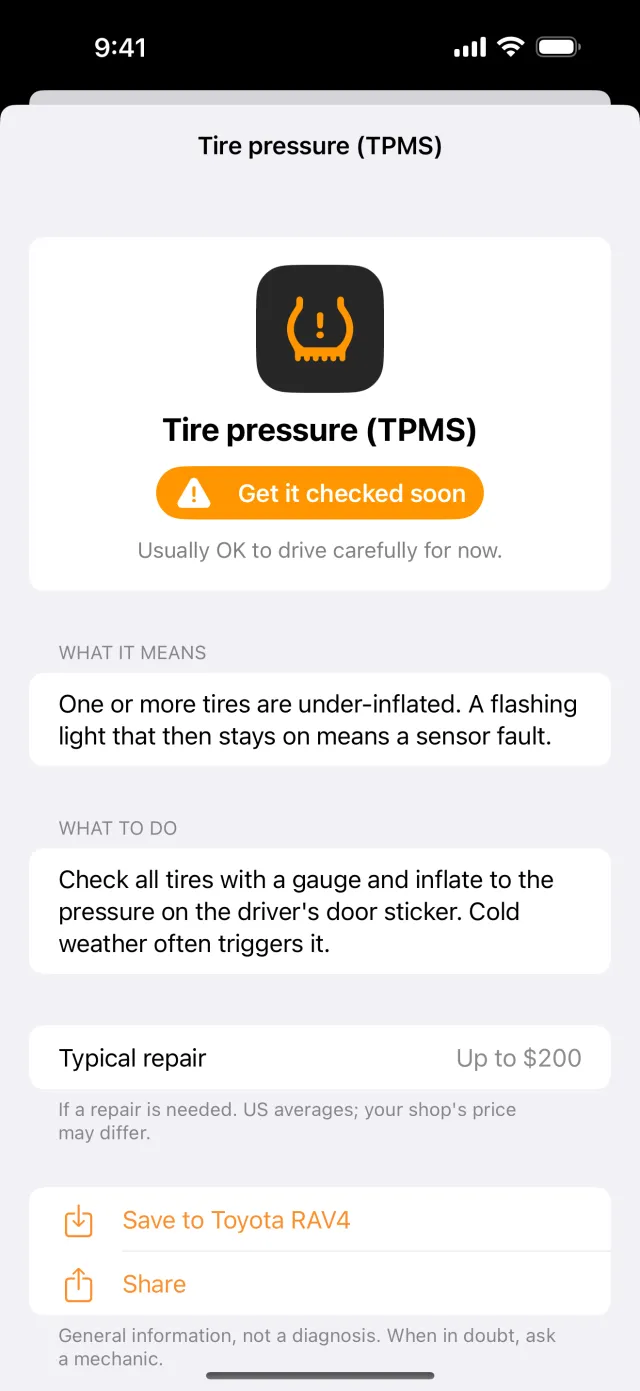 Logbay app showing the tire pressure (tpms) warning light
