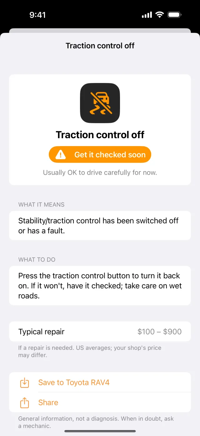 Logbay app showing the traction control off warning light